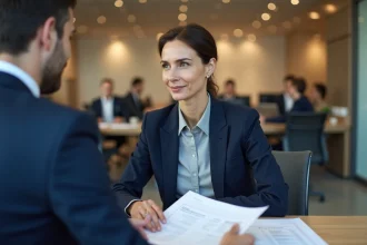 Conseillère bancaire du Crédit Agricole aidant une cliente à financer son projet dans une agence régionale