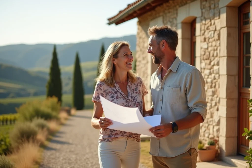 Couple de propriétaires discutant d'un projet de rénovation immobilière en région Midi-Pyrénées