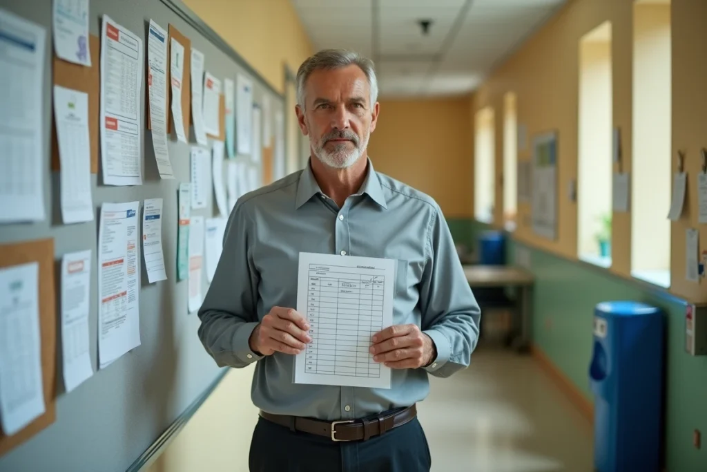 Un enseignant consulte le calendrier des jours de paie 2026 affiché dans la salle des professeurs