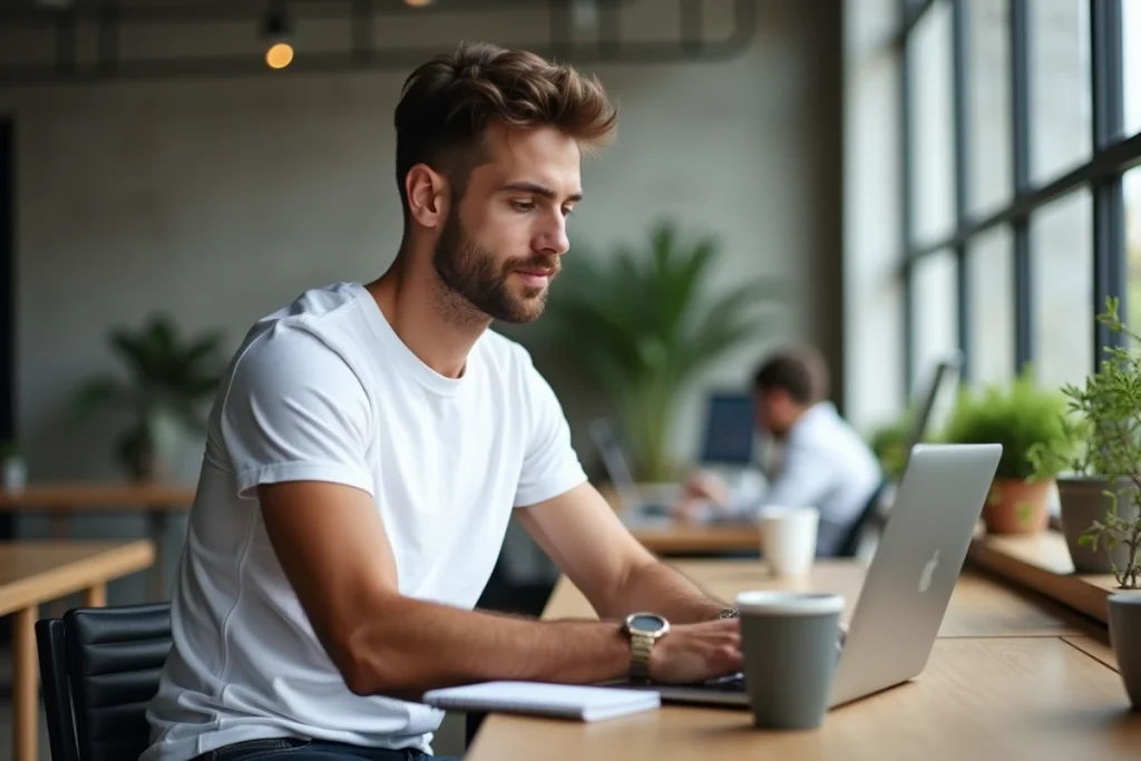 Jeune entrepreneur consultant un outil de financement en ligne dans un espace de coworking en France