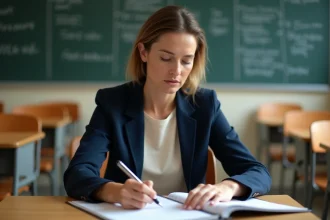 Une professeure consulte son agenda pour noter les dates de paiement de salaire 2026 dans une salle de classe vide