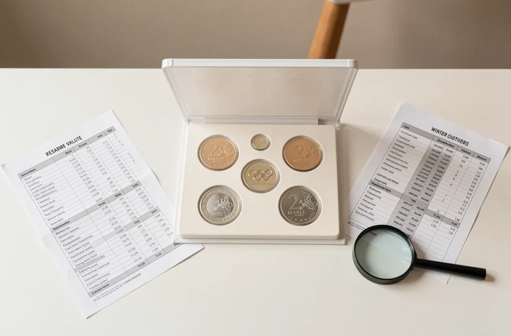 Plusieurs pièces 2 euros Jeux Olympiques 2026 présentées dans un album numismatique avec des guides de prix pour estimer leur valeur de revente