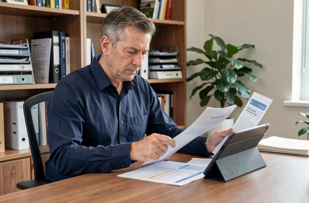 Homme analysant des avis sur une assurance en comparant un document papier et une tablette numérique