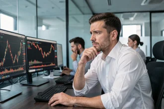 Analyste financier inquiet devant des graphiques de chute du cours de Solana sur plusieurs écrans de trading