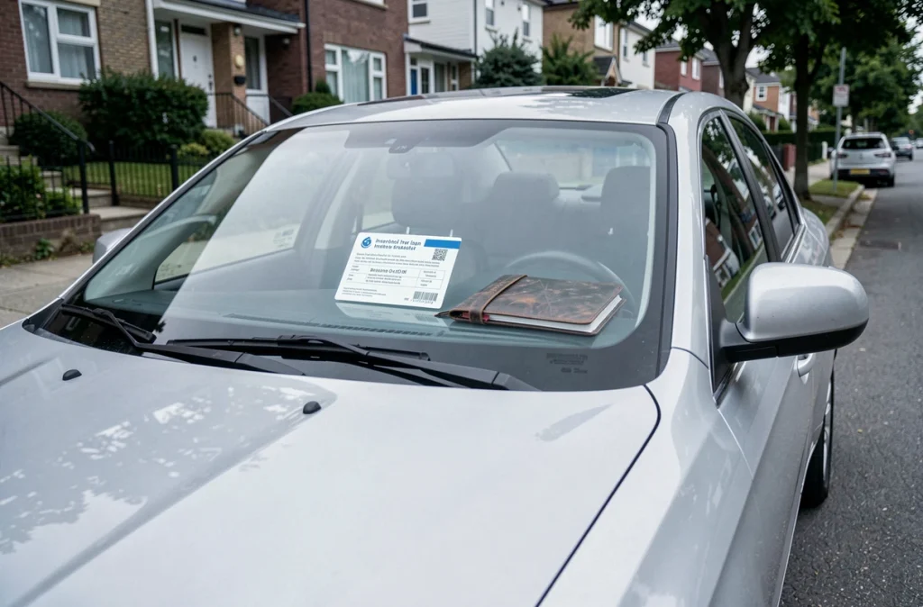 Carte verte d'assurance auto ACM IARD et dossier de documents posés sur le siège d'une voiture familiale garée dans une rue résidentielle