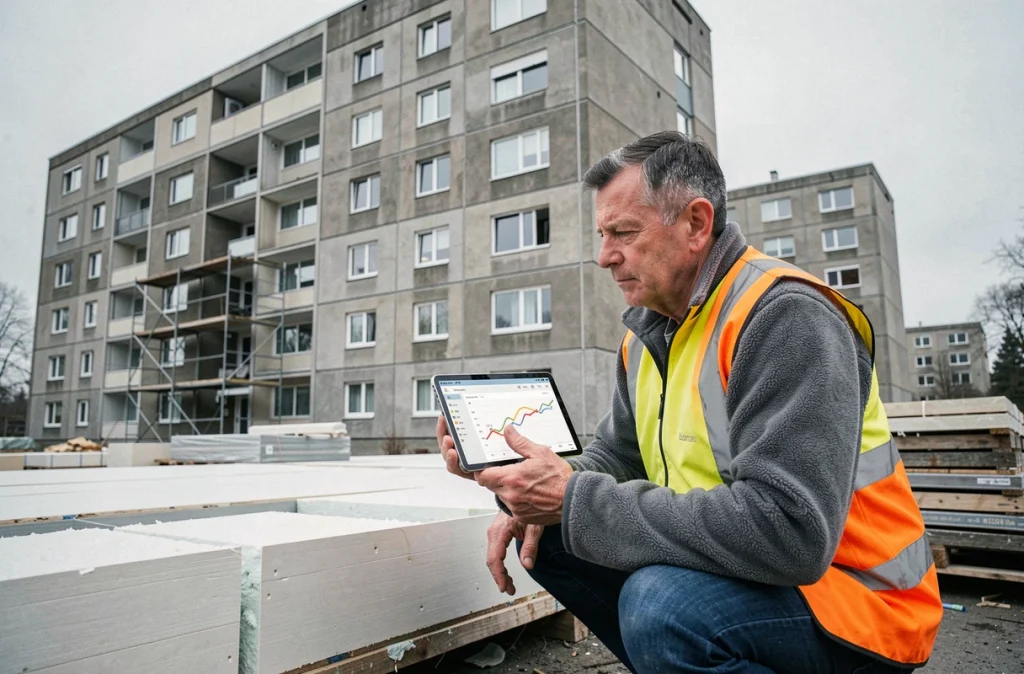 Technicien réalisant un audit énergétique sur la façade isolée d'un immeuble résidentiel