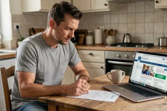 Homme consultant des documents de calcul d'allocation chômage ARE à son domicile après la fin d'un CDI