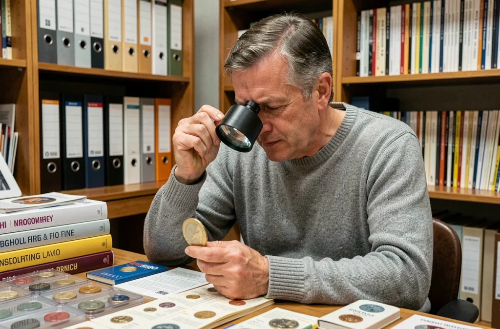 Collectionneur de pièces examinant une pièce 2 euros JO 2026 avec une loupe de numismate à son bureau de collection