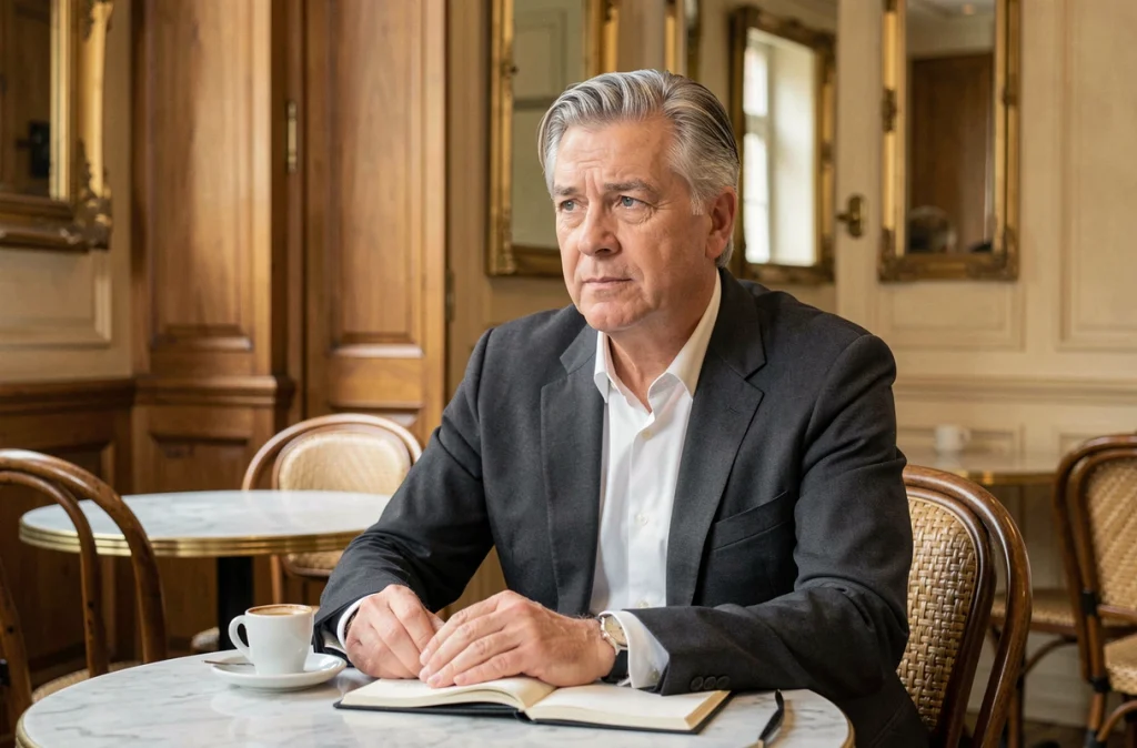 Commentateur médiatique libéral attablé dans un café parisien classique avec un carnet ouvert, évoquant le débat économique en France
