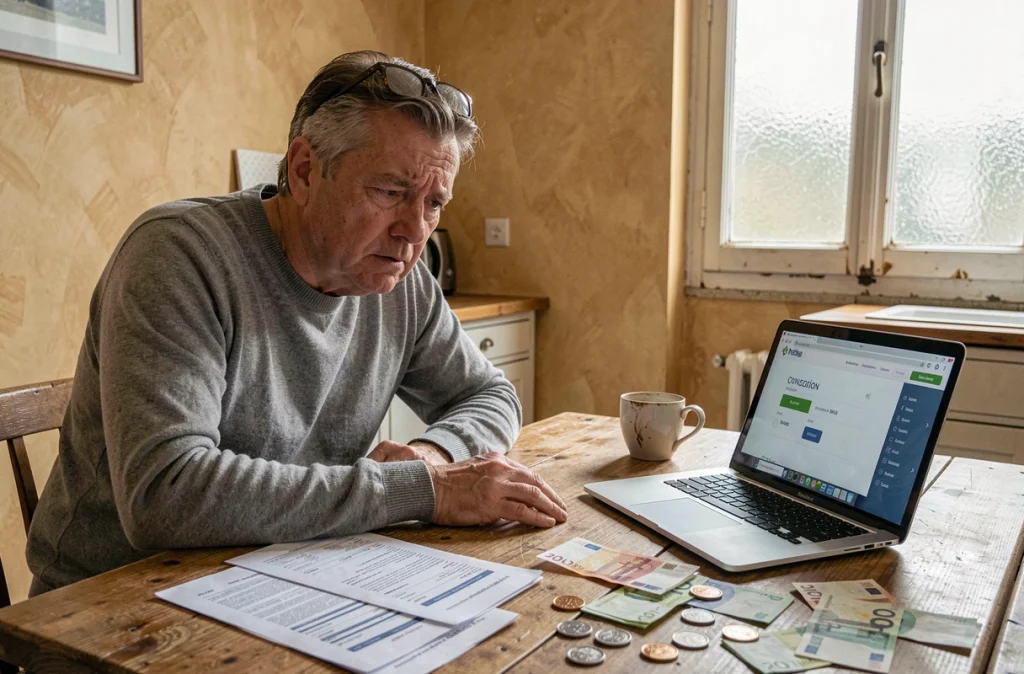 Homme comparant des billets en euros et des pièces en francs suisses à une table de cuisine parisienne, symbolisant la différence de pouvoir d'achat entre la Suisse et la France