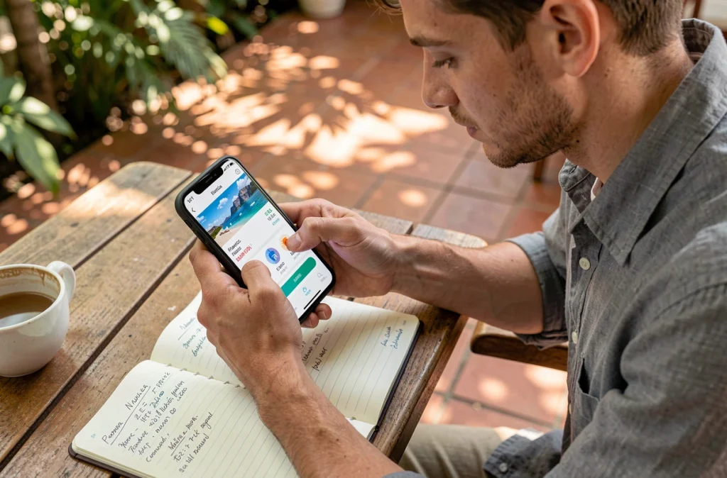 Jeune homme comparant les taux de change franc pacifique euro sur smartphone dans un café en Nouvelle-Calédonie