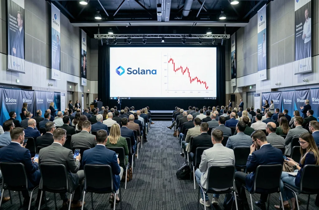 Salle de conférence crypto avec un écran affichant la chute du prix de Solana devant un public préoccupé