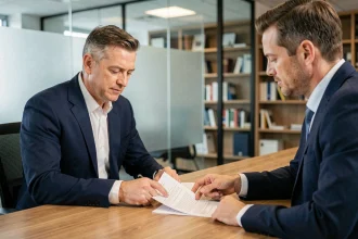 Un homme en costume bleu marine examine son contrat d'assurance ACM IARD avec un conseiller professionnel dans un bureau moderne