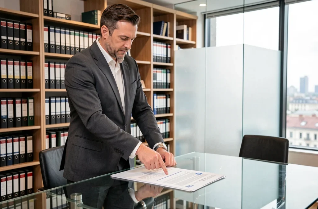 Un conseiller fiscal explique le formulaire 2041-DPTF-SD à son client pour optimiser la taxe foncière 2026 dans un bureau professionnel