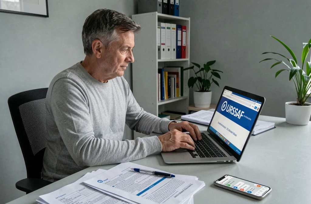 Homme contactant le service CESU Urssaf depuis son bureau à domicile sur un ordinateur portable