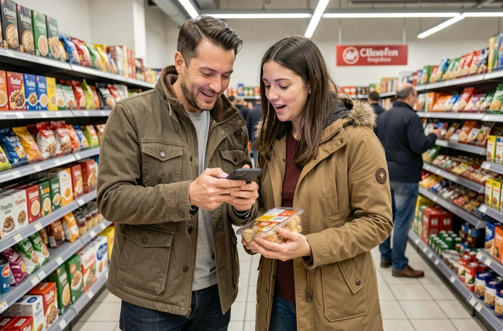 Couple consultant une application de cashback en faisant leurs courses dans un supermarché français