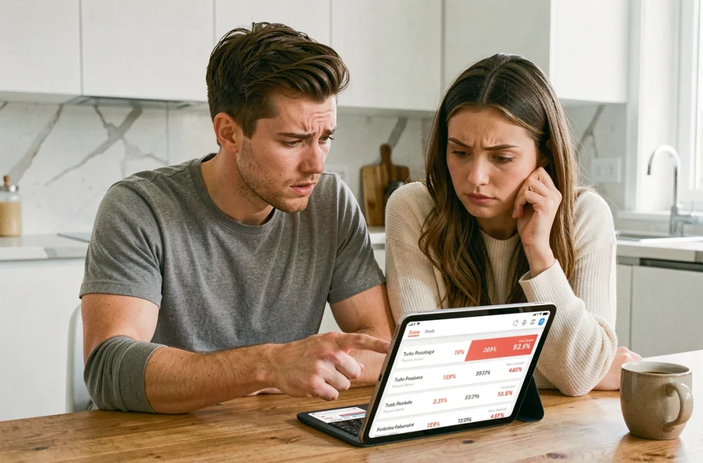 Couple de jeunes investisseurs débutants examinant une perte sur une application de trading turbo à la maison