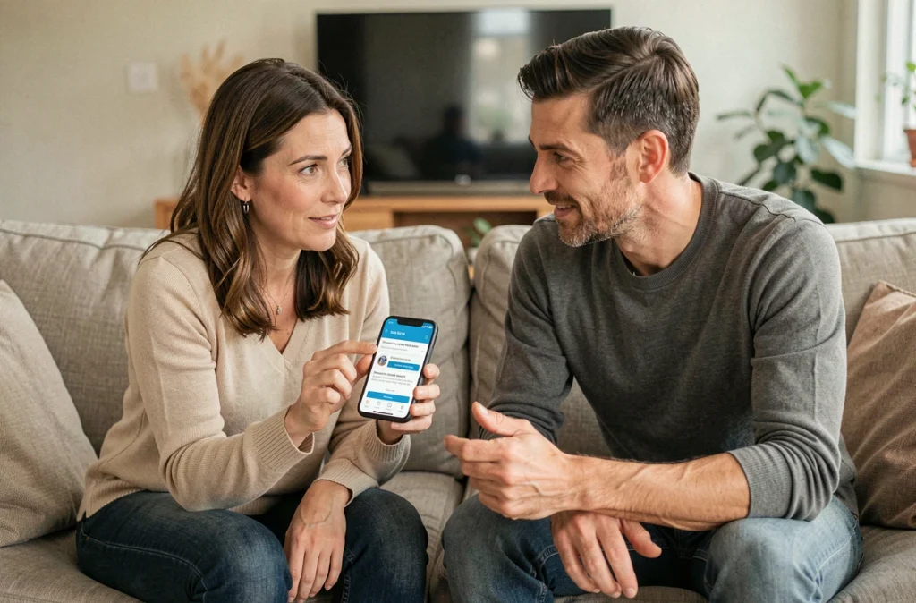 Couple discutant ensemble des avis clients sur l'assurance Pacifica en consultant un smartphone