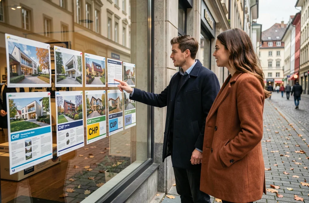 Jeune couple observant des annonces immobilières en francs suisses et en euros dans une agence à Bâle, illustrant les disparités de pouvoir d'achat à la frontière franco-suisse