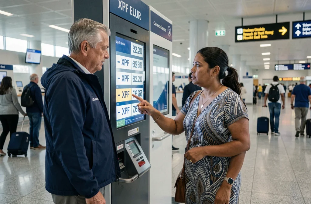 Couple consultant un tableau de taux de change francs pacifiques euros à un kiosque de change dans un aéroport