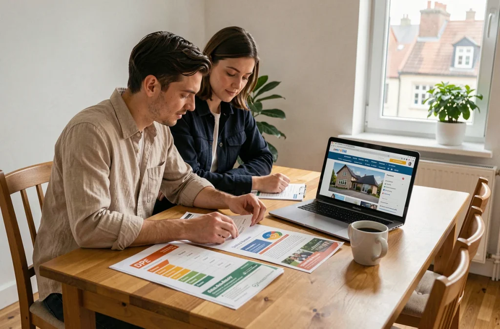 Couple étudiant un diagnostic de performance énergétique avant l'achat d'un appartement
