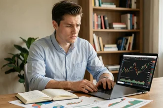Jeune investisseur débutant analysant des graphiques boursiers sur un ordinateur portable avec des notes manuscrites sur un bureau en bois