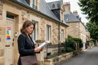 Femme consultant un diagnostic de performance énergétique devant une maison résidentielle française