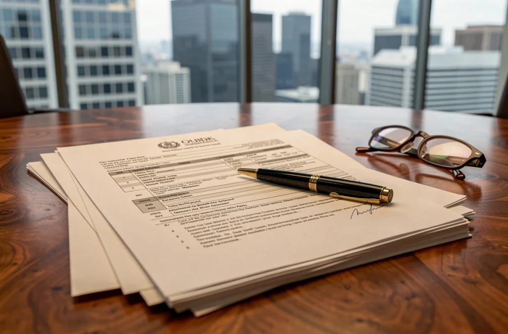 Documents financiers et déclarations de patrimoine officiel étalés sur une table en acajou avec stylo et lunettes de lecture