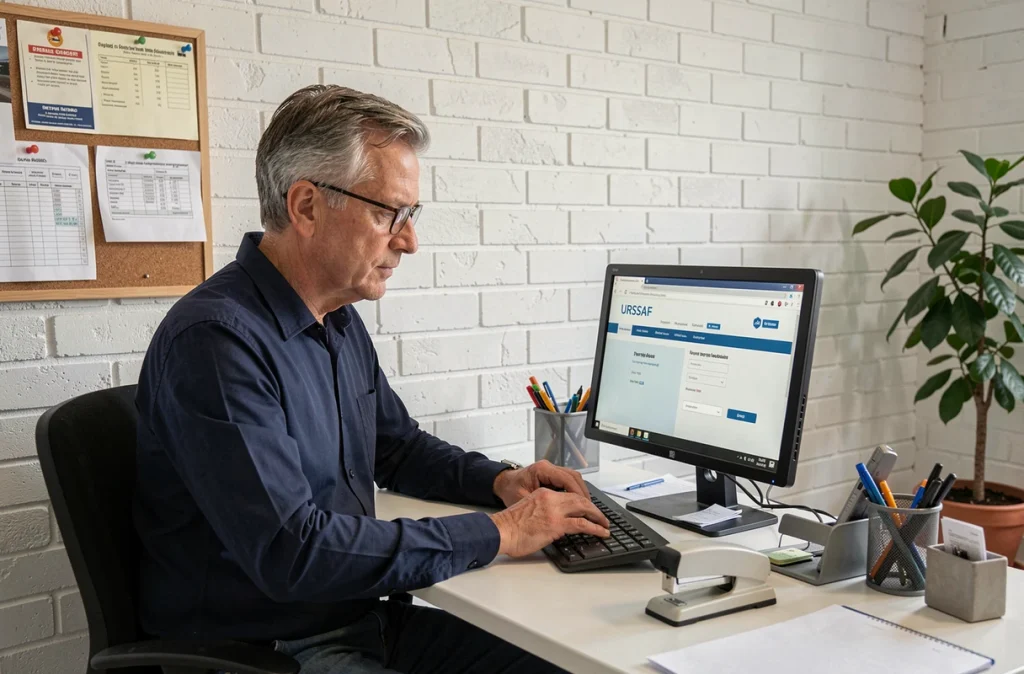 Chef d'entreprise effectuant un paiement en retard sur le portail en ligne URSSAF depuis son bureau professionnel
