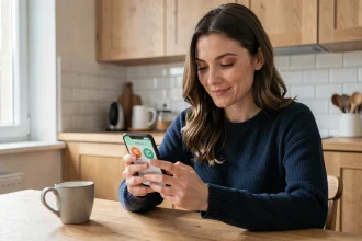 Femme utilisant une application de cashback sur smartphone dans une cuisine moderne française