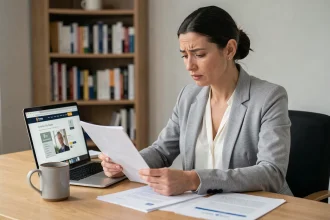 Femme d'affaires consultant des documents URSSAF sur son bureau à domicile pour régulariser sa situation