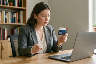 Femme tenant une carte prépayée Bimpli devant un ordinateur portable pour gérer un paiement sur Amazon