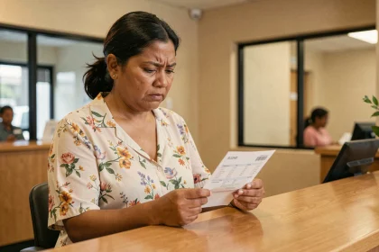Femme polynésienne examinant un reçu de change de francs pacifiques en euros dans une banque de Papeete