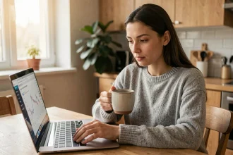 Femme consultant des informations sur une cagnotte en ligne depuis son ordinateur portable dans une cuisine moderne