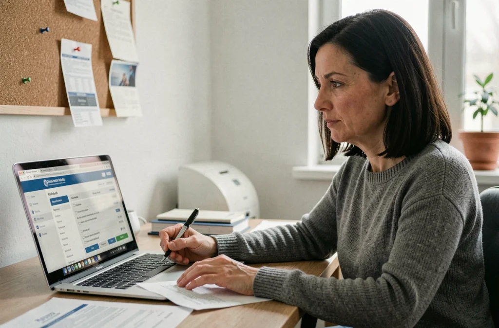 Une femme consulte le site des impôts sur son ordinateur pour vérifier son éligibilité à la déduction de taxe foncière via le formulaire 2041-DPTF-SD