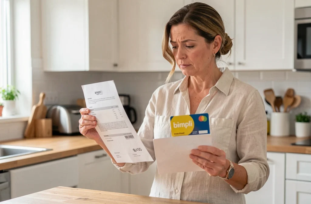 Femme examinant une confirmation de commande Amazon et une carte Bimpli dans une cuisine moderne pour résoudre un problème de solde insuffisant