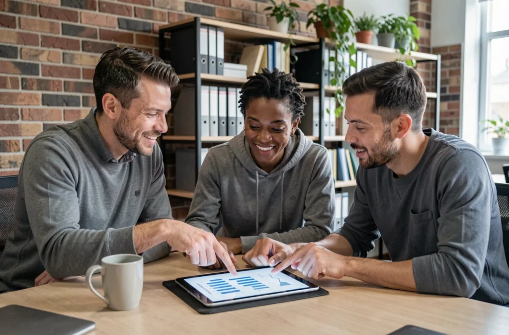 Groupe de personnes comparant des garanties de cagnottes en ligne sur une tablette dans un espace de coworking