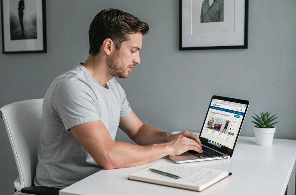 Homme comparant des offres de cashback sur un ordinateur portable dans un bureau à domicile
