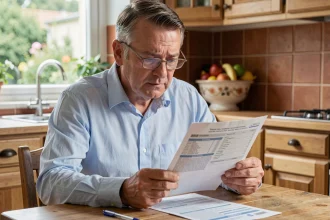 Un homme d'âge mûr examine attentivement le formulaire 2041-DPTF-SD pour comprendre la réduction de sa taxe foncière 2026