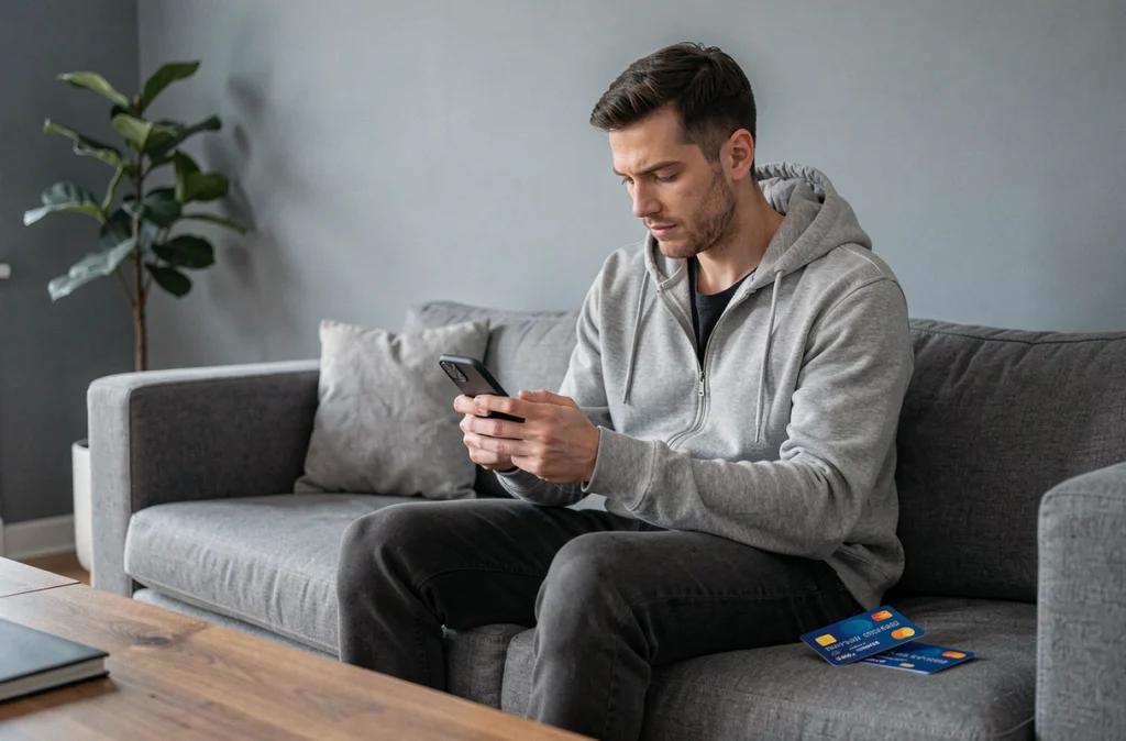 Homme utilisant son smartphone et deux cartes de paiement pour compléter un achat Amazon avec une carte Bimpli insuffisante