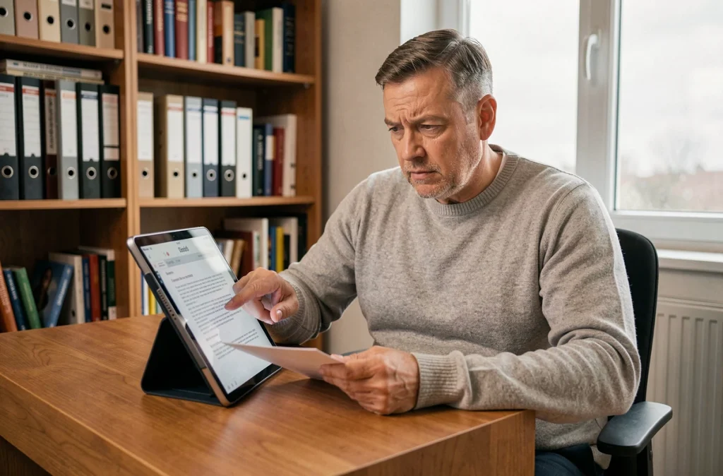 Homme à domicile comparant un document imprimé et une tablette numérique pour consulter son dossier préventel en toute sécurité