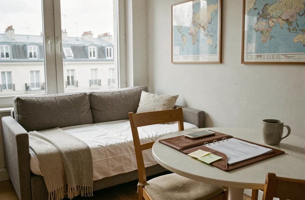 Intérieur d'appartement meublé prêt à la location avec documents de bail mobilité sur la table