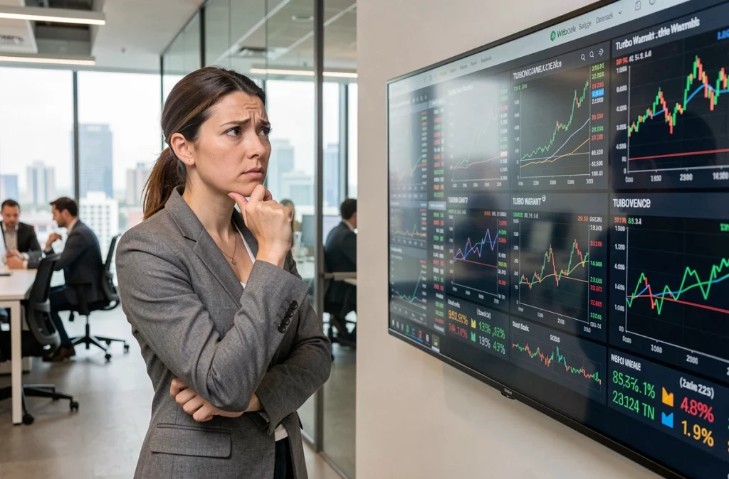 Femme investisseuse débutante face à un écran de données boursières complexes dans un bureau financier moderne