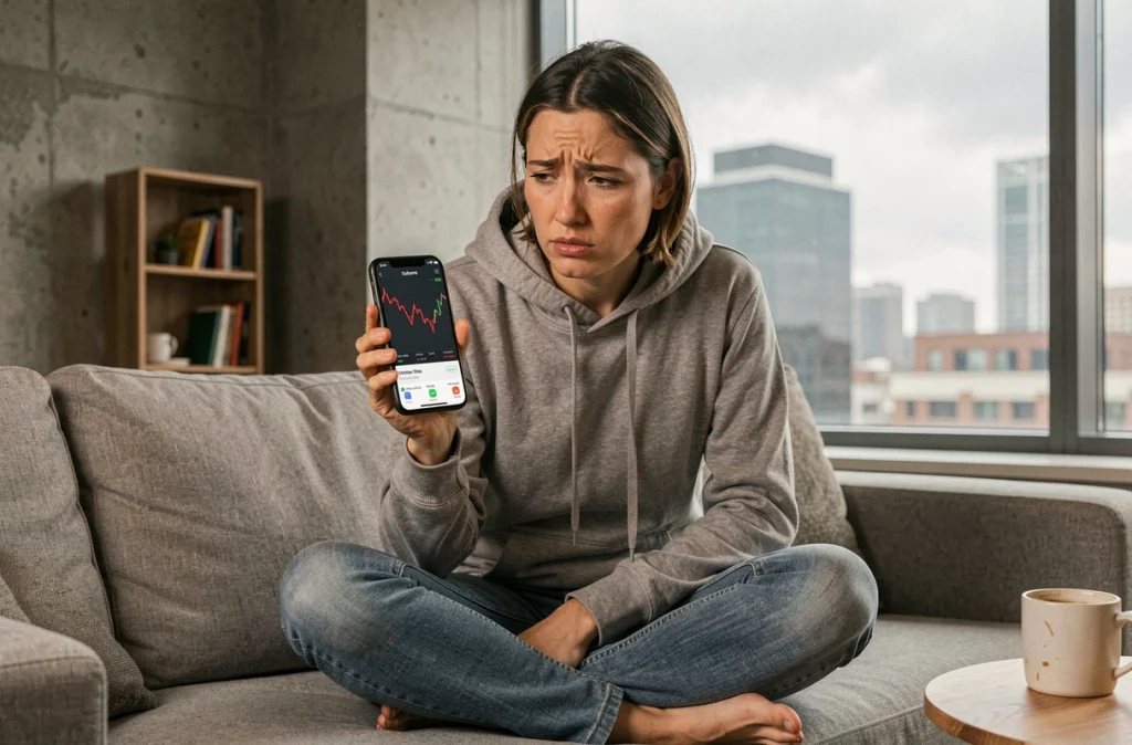 Jeune investisseuse déçue regardant la chute du cours de Solana sur son application mobile de cryptomonnaies