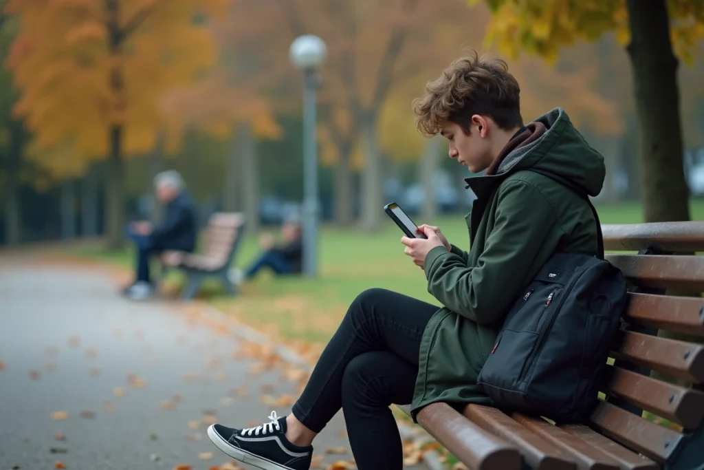 Jeune adulte isolé consultant les droits au RSA sur smartphone dans un parc urbain en France