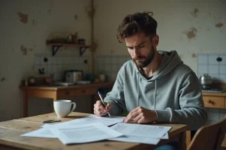 Jeune homme seul de moins de 25 ans consultant des documents administratifs liés au RSA dans un appartement modeste