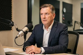 Journaliste économique français dans un studio de radio moderne, incarnant une voix libérale reconnue des médias français