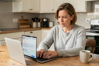 Femme lisant des avis clients en ligne sur un ordinateur portable pour évaluer une assurance Pacifica
