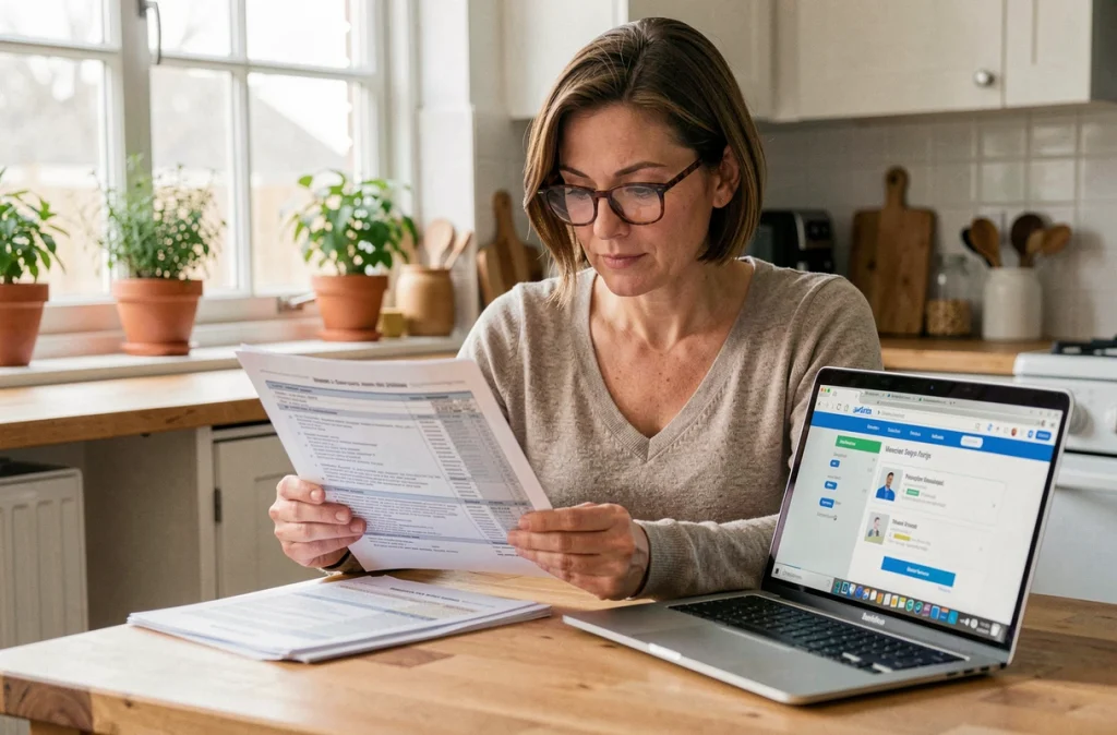 Une femme consulte les garanties de son assurance ACM IARD depuis son domicile avec un ordinateur portable et des documents papier