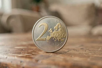 Pièce commémorative 2 euros Jeux Olympiques 2026 posée sur une table en bois, vue en gros plan macro révélant les détails gravés